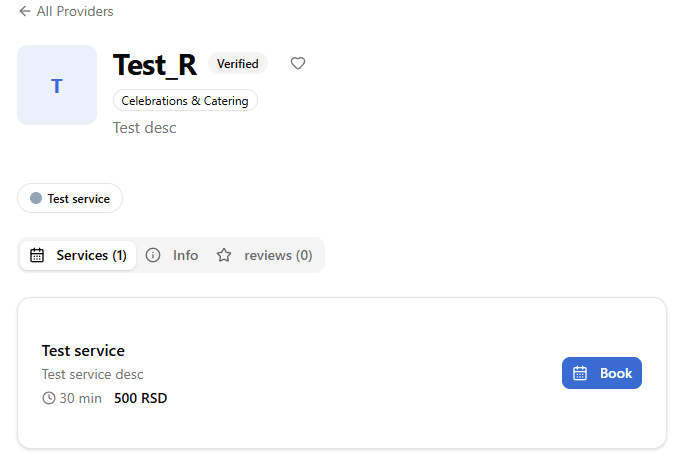 Screenshot: clicking Book on a service on the provider's profile