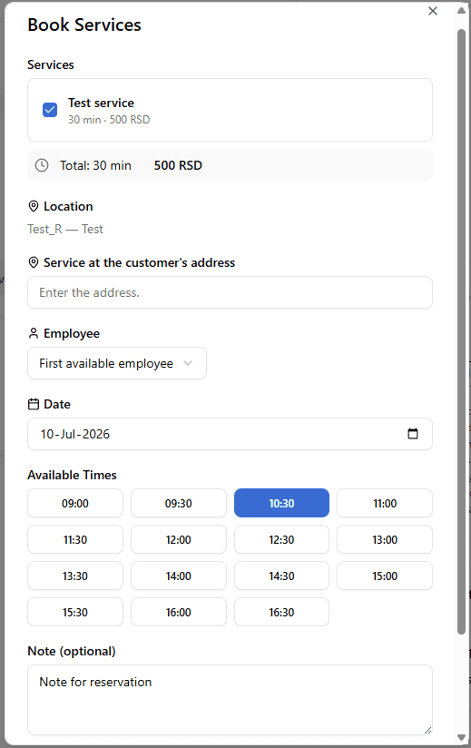Screenshot: choosing a service, date, time slot and employee